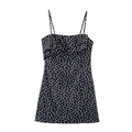 French vintage black polka dot mini dress with ruffle neckline and thin straps on white background - XS / Black Polka Dot