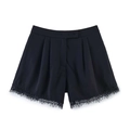 Zwarte damesshort met hoge taille en elegante kanten details aan de onderkant - XS / High Waist Kanttrim Geplooide Shorts