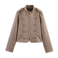 Women's military-style tan striped jacket with gold buttons and a stand collar - XS / Brown Stripes