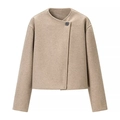 Giacca corta in misto lana kaki da donna con scollo rotondo e chiusura a bottone - S / Cachi