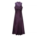 Elegantes ärmelloses lila Kleid mit Mesh-Patchwork, Satin-Finish und hohem Stehkragen - S / Lila