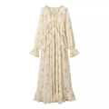 Elegant cream floral chiffon maxi dress with ruffles, waist slimming and long sleeves - S / Cream Floral