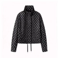 Detailed view of black polka dot jacket with stand collar and adjustable drawstring hem - Black Polka Dot