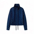 Navy blue polka dot jacket with high collar and adjustable drawstring hem for women - XS / Navy Blue Polka Dot