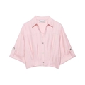 Pink short sleeve V-neck shirt for women with waist pleats and cuffed sleeves on white background - XS / Pink