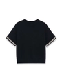 Detailed view of women's black knit top featuring elegant pearl bead trim on short sleeves - S / Black