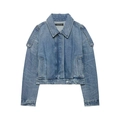 Klassische dunkelblaue Jeansjacke mit Reverskragen und Schulterklappen auf weißem Hintergrund - XS / Blau