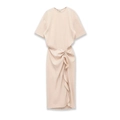 Elegant beige short sleeve midi dress featuring sophisticated pleated ruffle asymmetric design - S / Apricot