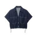 Camicia di jeans corta blu scuro da donna con coulisse in vita e doppie tasche sul petto - XS / Camicia Blu Scuro