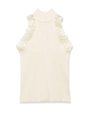 Close-up of cream knit sleeveless top featuring delicate lace details on the high neckline - S / Milky White