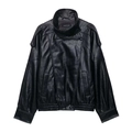 Classic black faux leather biker jacket with stand collar and loose-fit silhouette - XS / Black
