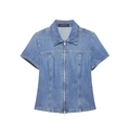 Minimalist short sleeve blue denim shirt with a waist-defining fit and metal zipper closure - XS / Blue