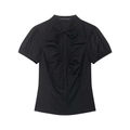 Women's black short sleeve shirt with ruffle trim, tie neck and cinched waist design - XS / Black