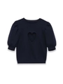 Close-up of navy blue short-sleeve knit top featuring a centered heart-shaped cutout detail - S / Dark Blue