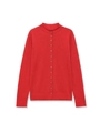 Detail of red knit cardigan featuring ruffled crew neck and small button closure - S / Red