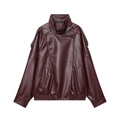 Women's burgundy faux leather motorcycle jacket with high collar and shoulder epaulettes - XS / Burgundy