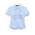 Light blue short sleeve shirt with ruffled collar, tie-front detail, and pleated design - XS / Blue