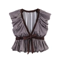 Brown plaid sleeveless V-neck shirt with ruffled shoulders and bow tie peplum waist - XS / Brown and White Plaid