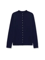 Close-up of dark blue knit cardigan showing white buttons and delicate ruffle trim details - S / Navy Blue