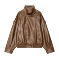 Vintage brown PU leather biker jacket with stand collar and loose fit for women - XS / Caramel color