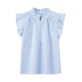 Light blue and white striped sleeveless shirt with ruffle standing collar and fly sleeves - XS / Blue and White Stripes