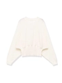 Close-up of cream knit sweater showing round neck and ribbed hem details on white background - S / White