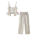 Florales Zweiteiler-Set mit kurzem Camisole-Top und passender weit geschnittener Hose - S / Blumen Outfit