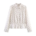 Langärmelige Blumenbluse mit Schleifenausschnitt und Schößchensaum im französischen Stil - XS / Wie gezeigt
