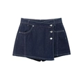 Gonna-pantalone in denim blu scuro con design asimmetrico e bottoni in argento lucido - XS / Gonna-pantalone Blu Scuro