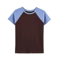 Minimalist raglan short sleeve T-shirt with contrast blue and brown patchwork design - S / Blue Brown Multicolor