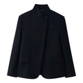 Minimalist black stand-collar blazer jacket with single button closure and flap pockets - S / Black