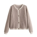 Women's autumn knit cardigan in beige boucle fabric with stylish decorative buttons - S / Khaki