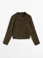 Detail of olive green textured boucle knit cardigan with four classic round buttons - S / Army Green