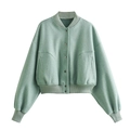 Chaqueta bomber corta para mujer en verde claro con botones metálicos y acabados elásticos - XS / verde claro