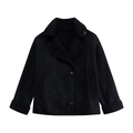 Detail of black shearling trim on faux suede winter jacket with button closure - XS / Black