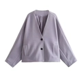 Detail view of lavender wool coat showing V-neck design, smooth fabric and black buttons - S / Tops / Gray