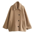 Dames korte mantel van wolmix in camelkleur met reverskraag en drie knopen als sluiting - XS / Tops / Khaki