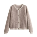 Cardigan da donna in pile color cammello con bottoni e bordi a contrasto autunnali - S
