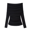 Elegante top nero con spalle scoperte e maniche lunghe con vita arricciata e vestibilità slim - S / Nero