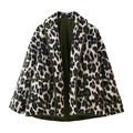 Detail view of quilted leopard print jacket with olive green trim and large patch pockets - XS / Leopard Padded Jacket Type 2