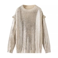 Women's loose metallic knit sweater with round neck and tiered shoulder design in champagne gold - S / Champagne Gold