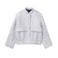 Chique tweed damesjas in zilvergrijs met pailletten, opstaande kraag en klepzakken - XS / Zilver