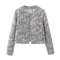 Women's silver sequined tweed jacket with round neck and shimmering cropped design - XS / Silver