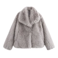 Close-up of fluffy faux fur texture and lapel design on this lilac short winter coat - XS / Light Gray
