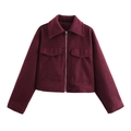 Close-up of burgundy tweed cropped jacket featuring flap pockets and silver metal zipper - XS / Burgundy