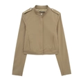 Women's khaki short stand collar jacket with shoulder epaulets and concealed front placket - XS / Jacket