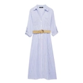 Blau-weiß gestreiftes Hemdblusenkleid mit langen Ärmeln und Webgürtel auf weißem Grund - XS / Blau-weiß gestreift