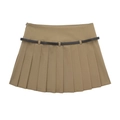 Women's khaki pleated mini skirt with decorative slim belt for preppy style - XS / Shorts Skirt