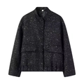 Women's black sequin bomber jacket with high collar and large front flap pockets - XS / Black