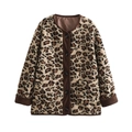 Women's leopard print fleece jacket with brown corduroy trim and button pockets - XS / Leopard Jacket